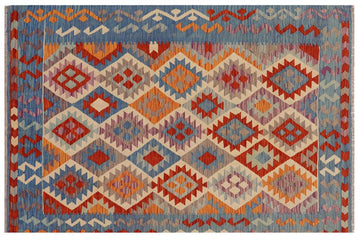 Flat Weave Kilim, Antique, Navaho, Vintage, Handmade, Geometric Kilim Rust Blue Hand-Woven Rectangle 100% Wool Area Rug 5 x 6